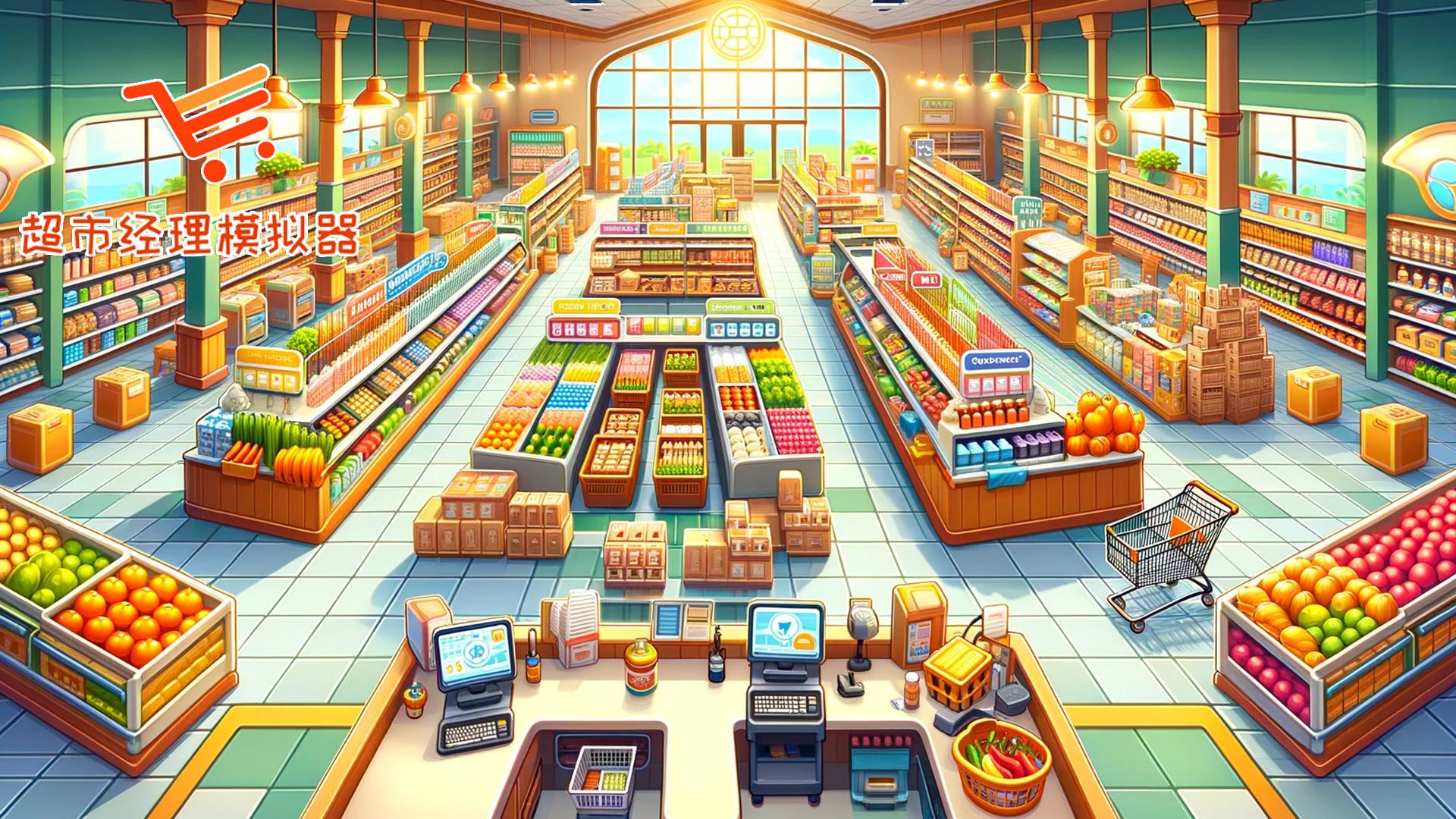 超市经理模拟器游戏宣传图，展示游戏战斗场景和角色