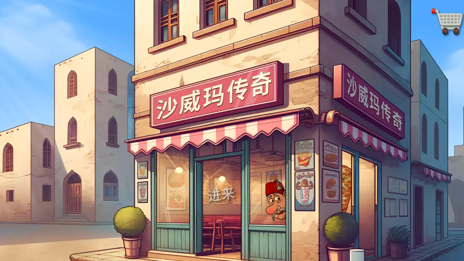 沙威玛传奇-美味卷饼游戏宣传图，展示游戏战斗场景和角色