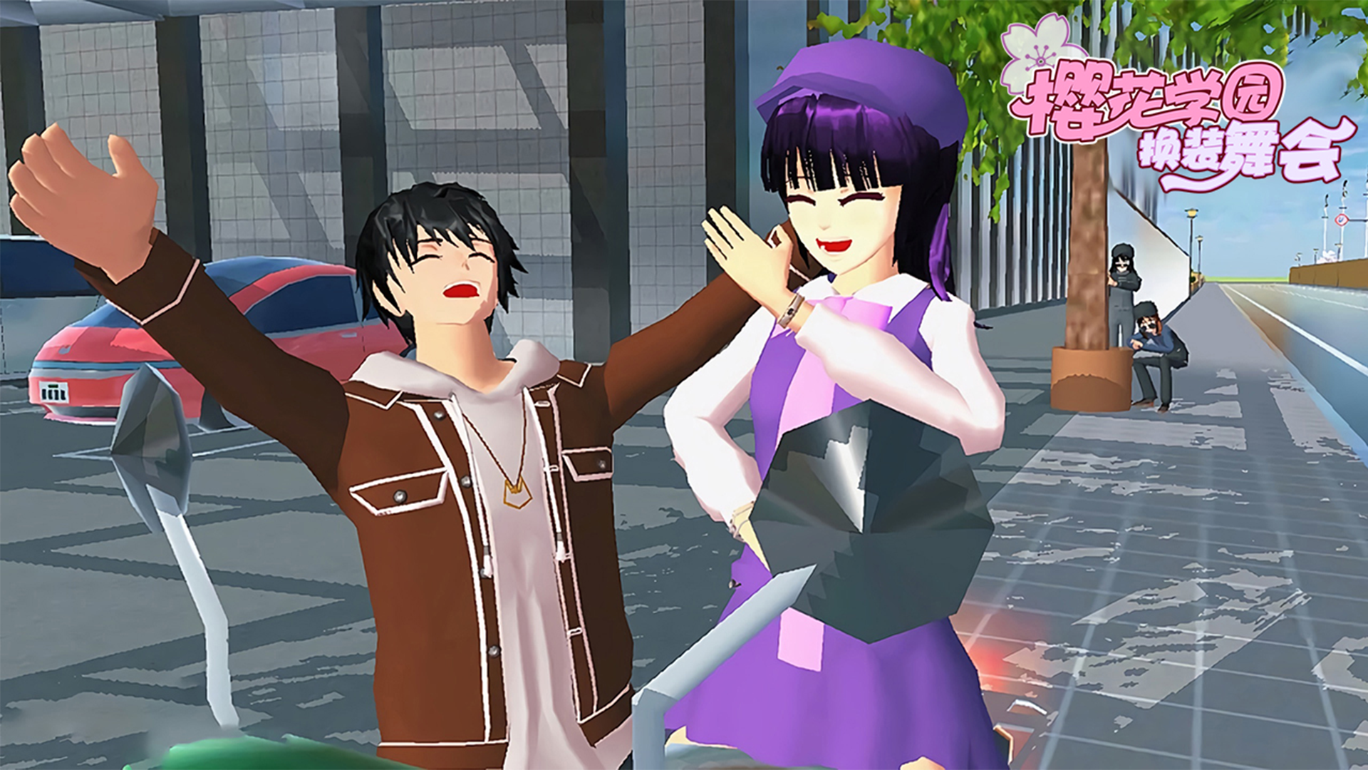 樱花学园换装舞会游戏宣传图，展示游戏战斗场景和角色