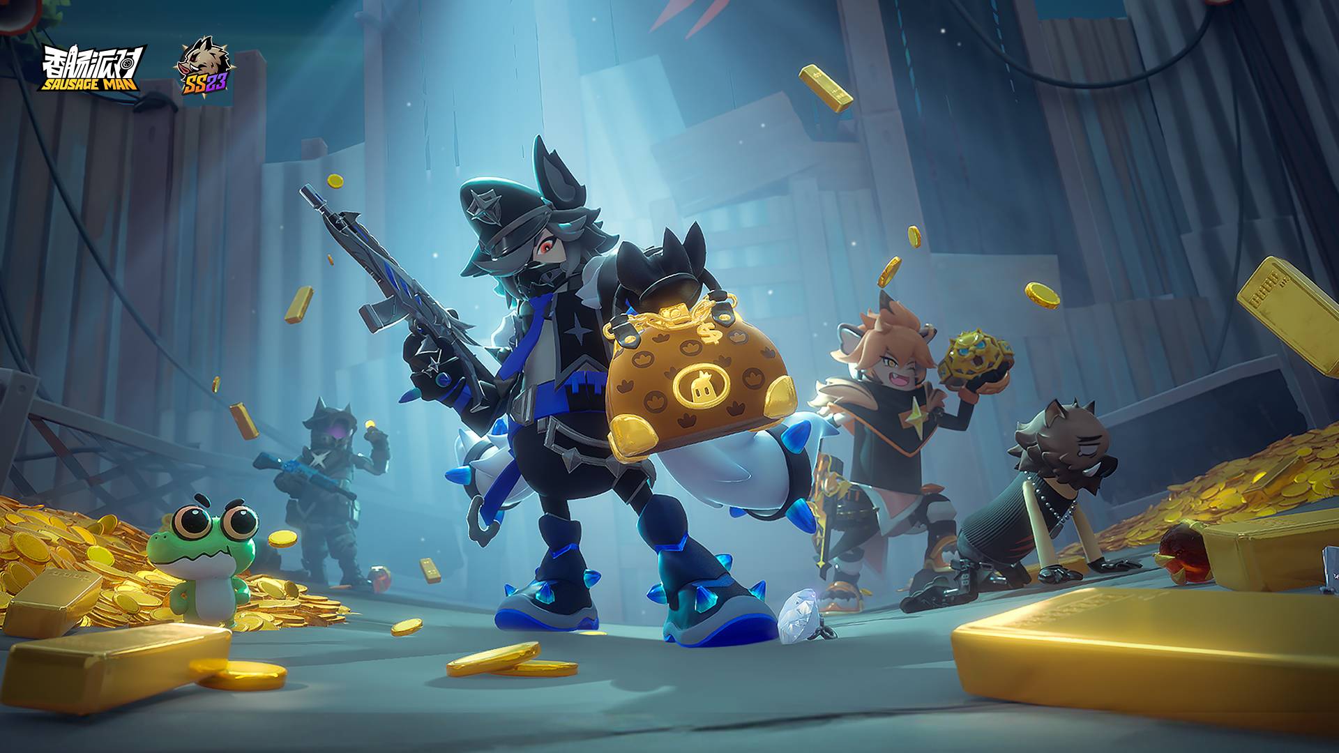 香肠派对游戏宣传图，展示游戏战斗场景和角色