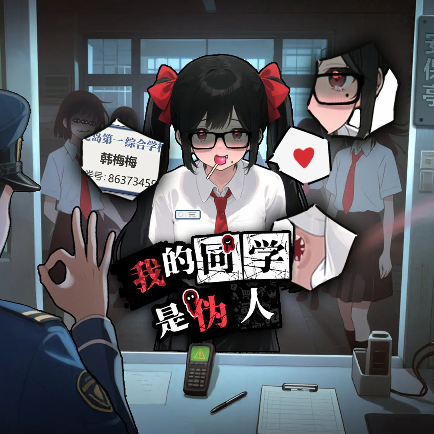 我的同学是伪人游戏宣传图，展示游戏战斗场景和角色