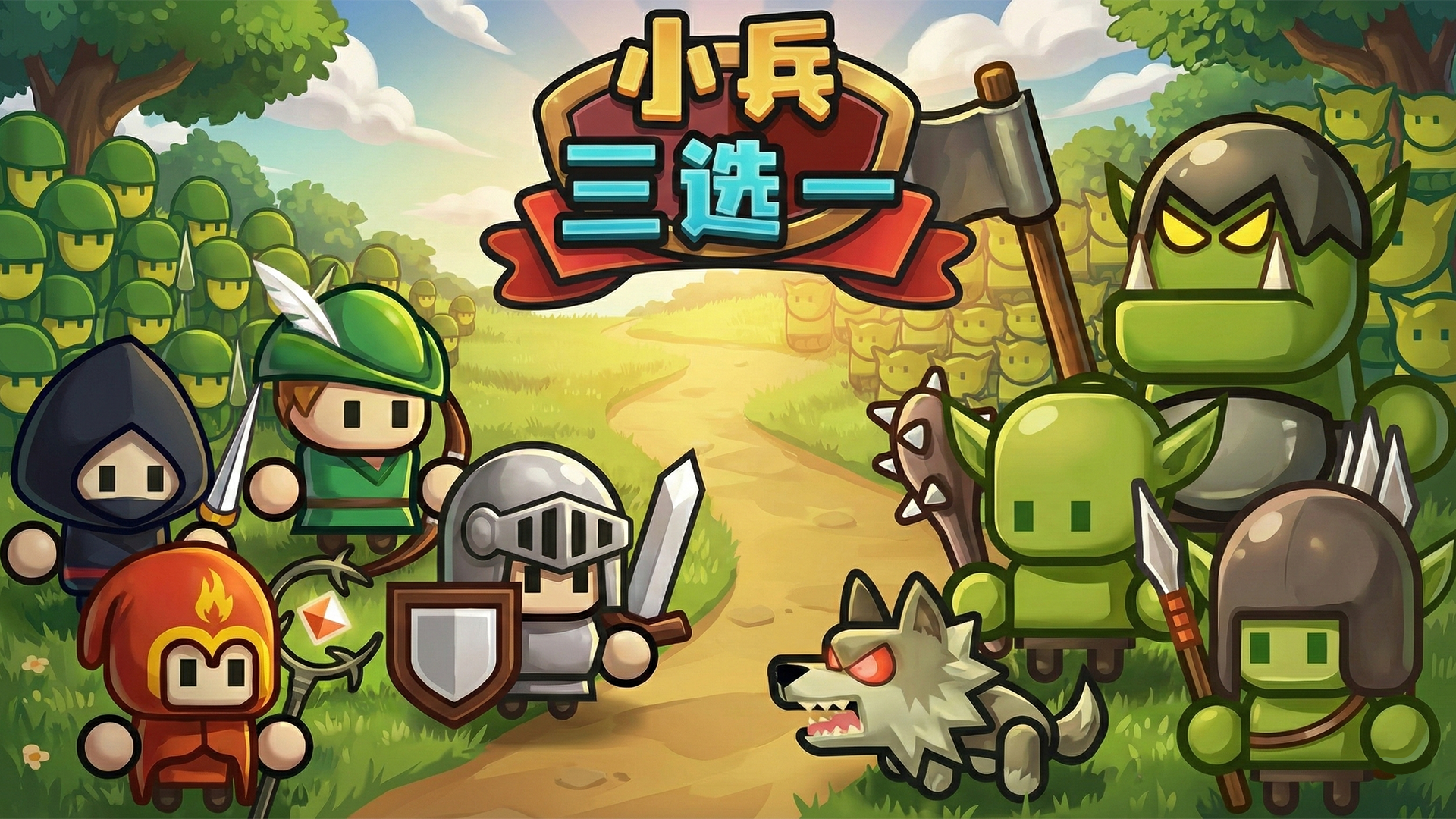 小兵三选一游戏宣传图，展示游戏战斗场景和角色