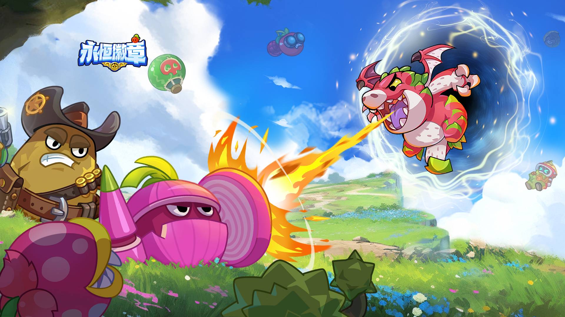 永恒徽章游戏宣传图，展示游戏战斗场景和角色