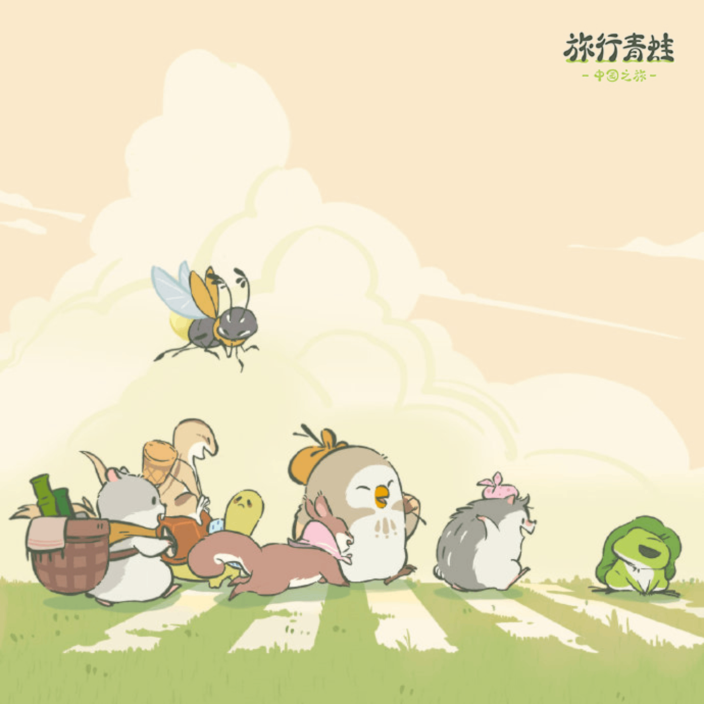 旅行青蛙·中国之旅游戏宣传图，展示游戏战斗场景和角色