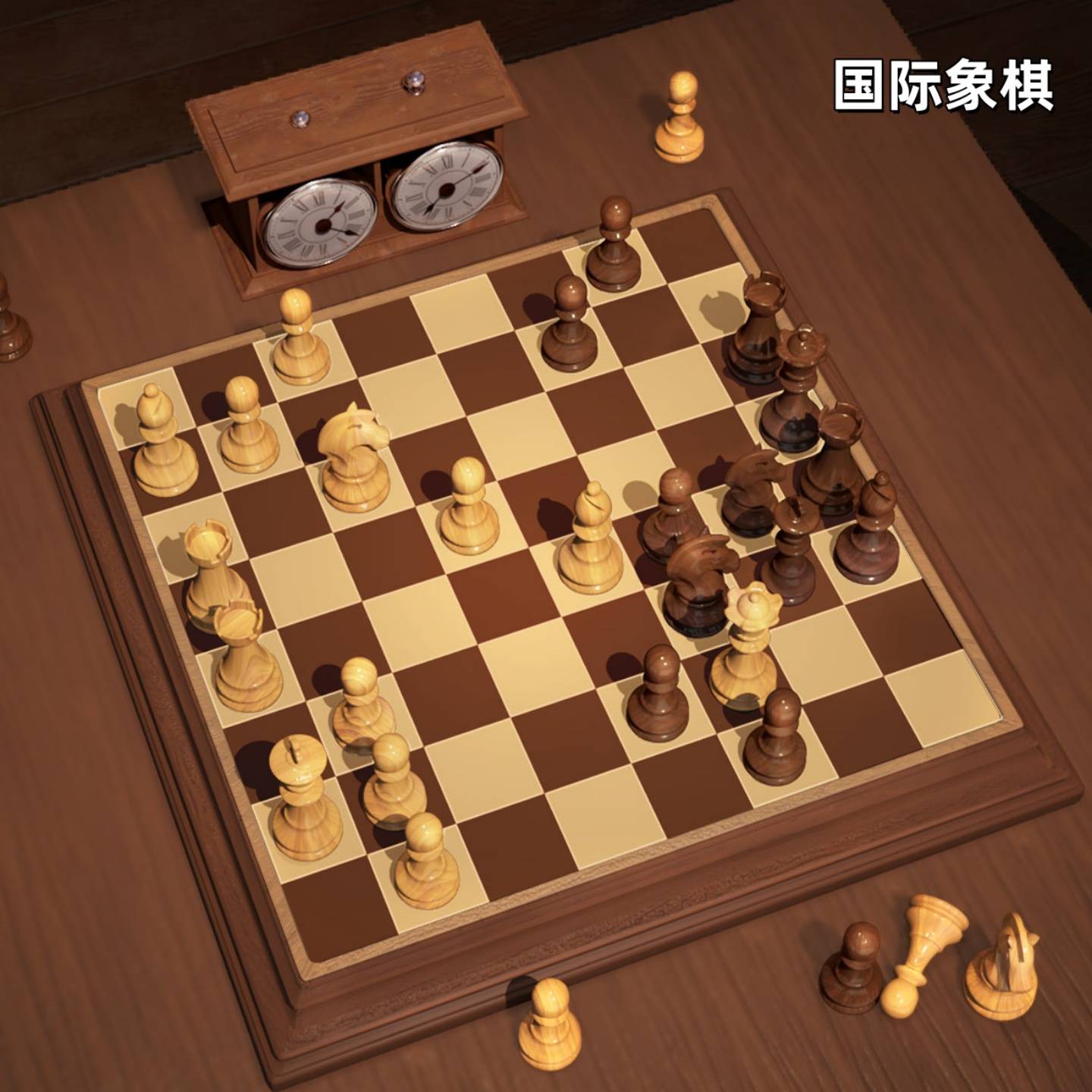 国际象棋游戏宣传图，展示游戏战斗场景和角色