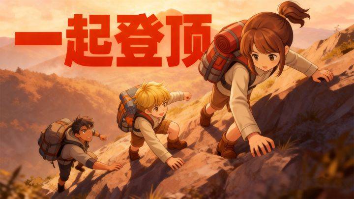 一起登顶游戏宣传图，展示游戏战斗场景和角色