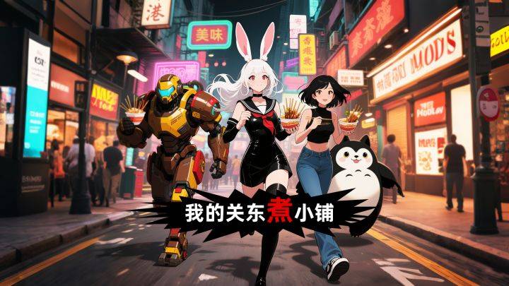 我的关东煮小铺游戏宣传图，展示游戏战斗场景和角色