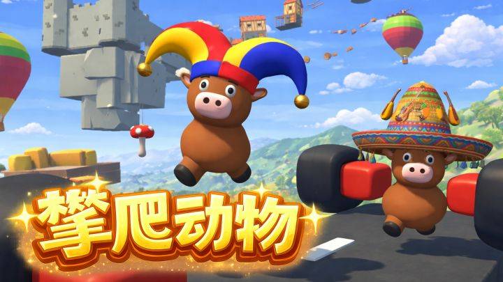 攀爬动物游戏宣传图，展示游戏战斗场景和角色