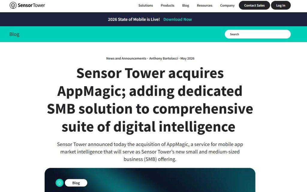 Sensor Tower收购AppMagic官方博客截图