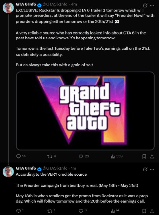 GTA6 Info爆料预购相关推文截图