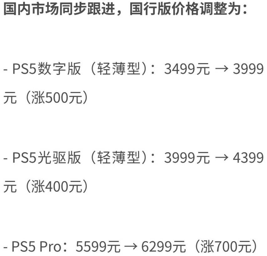 索尼PS5国行版价格调整公告截图