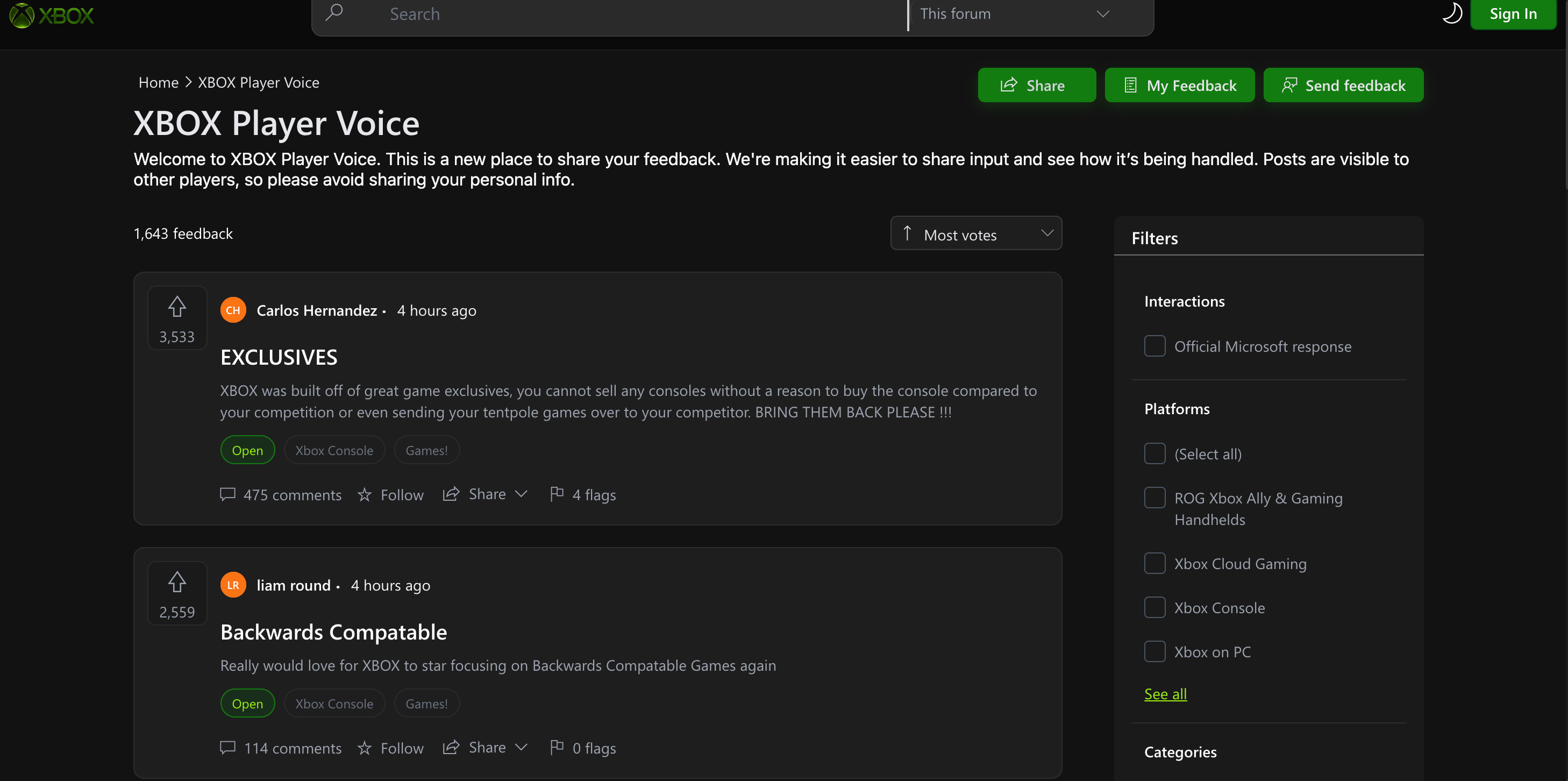 Xbox Player Voice玩家反馈论坛网页截图