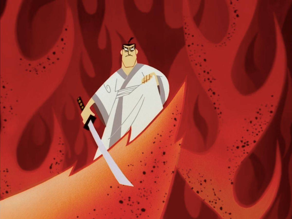 武士杰克持神剑立于烈焰背景画面