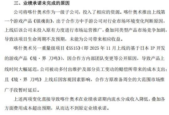 喀什奥术业绩未达承诺原因说明公告