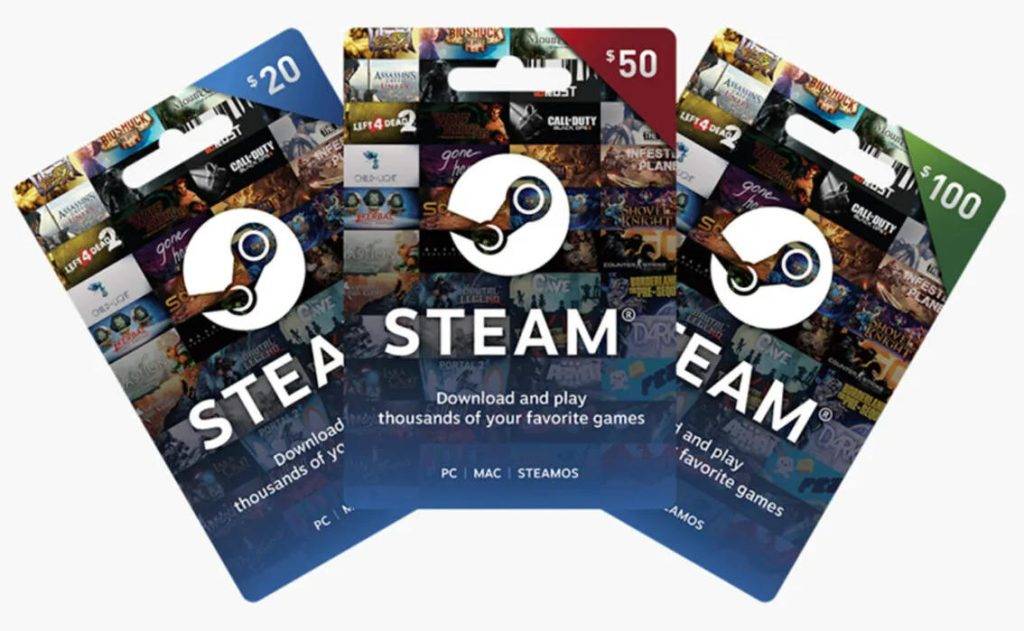 不同面值Steam实体礼品卡展示