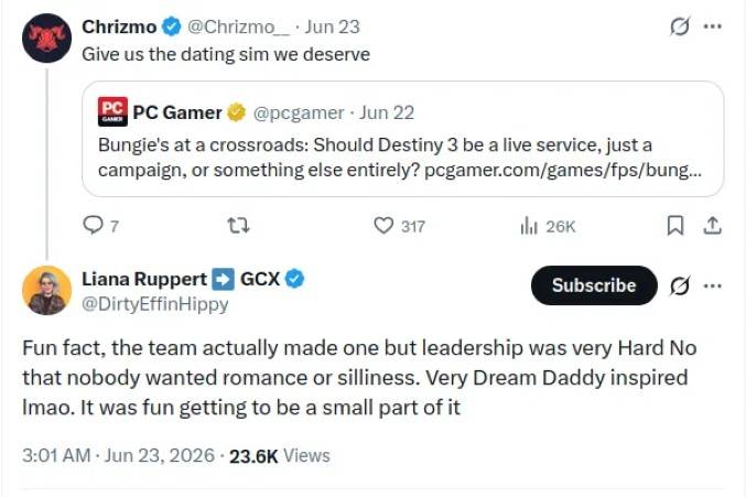 玩家X平台呼吁Bungie推出恋爱模拟器推文截图