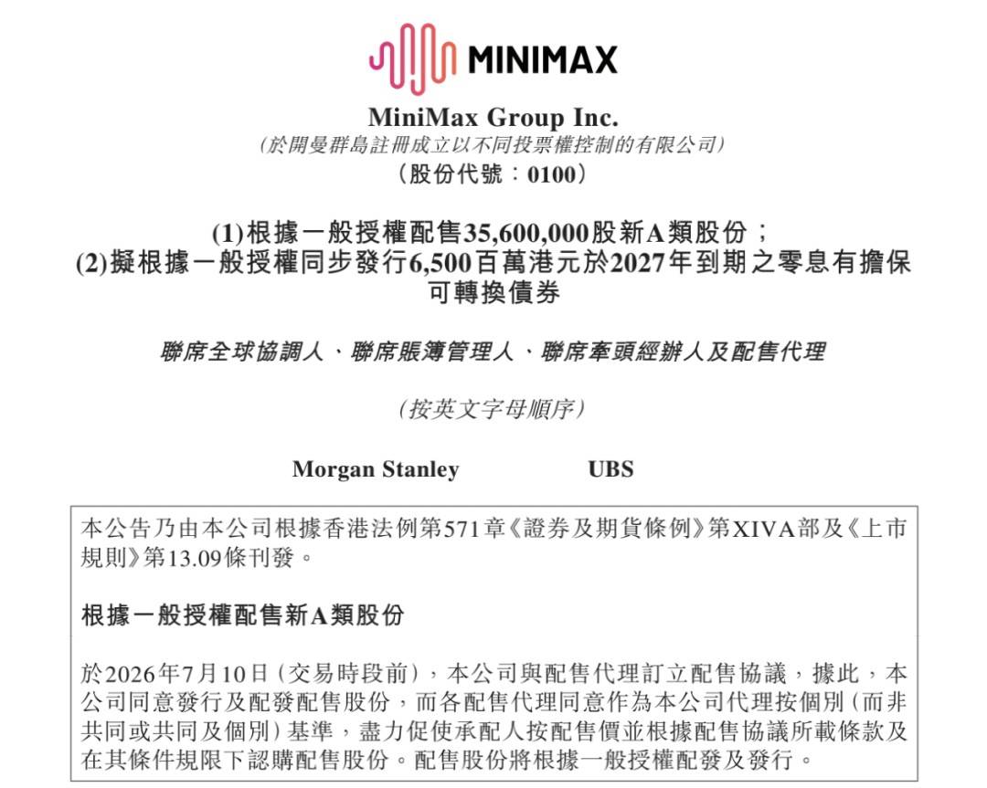 MiniMax配售新股及可转债融资公告截图