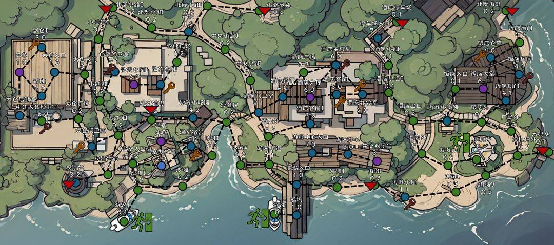 海滩路线图，三角形为玩家及AI复活点