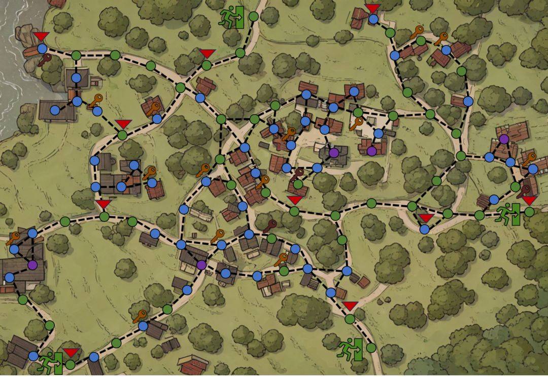 村庄路线图，三角形为玩家及AI复活点