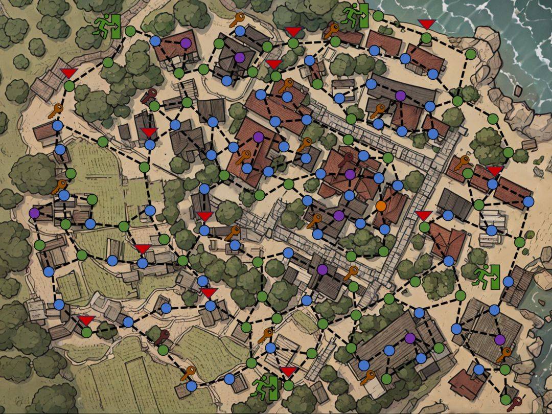 庄园路线图，三角形为玩家及AI复活点